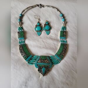 Genuine Blue and Green Conpsoite Turquoise Ribetan Silver Necklace and earri g